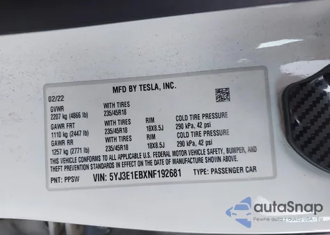 2022 Tesla Model 3 Long Range Dual Motor All-Wheel Drive from USA, damaged, VIN 5YJ3E1EBXNF192681